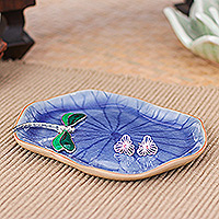 Celadon ceramic catchall, 'Dreamy Dragonfly' - Handcrafted Blue Dragonfly-Themed Celadon Ceramic Catchall