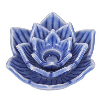 Portavelas de cerámica celadón - Portavelas de cerámica azul celadón hecho a mano en Tailandia