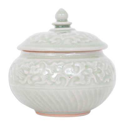 Celadon ceramic decorative jar, 'Luxurious Green' - Thai Celadon Ceramic Decorative Leaf-Themed Jar in Green