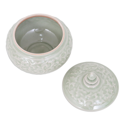 Celadon ceramic decorative jar, 'Luxurious Green' - Thai Celadon Ceramic Decorative Leaf-Themed Jar in Green