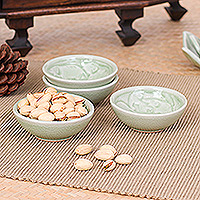 Celadon ceramic appetizer bowls, 'Elephant Herd' (set of 4) - 4 Green Celadon Ceramic Elephant Themed Appetizer Bowls