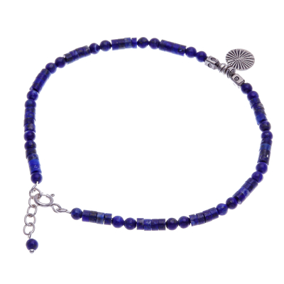 Lapis lazuli beaded charm anklet, 'True Charm' - Natural Lapis Lazuli Beaded Anklet with Silver Charm