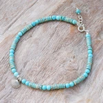 Silver beaded charm anklet, 'Oceanic Charm' - Reconstituted Turquoise Beaded Anklet with Silver Charm