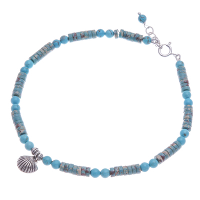 Silver beaded charm anklet, 'Oceanic Charm' - Reconstituted Turquoise Beaded Anklet with Silver Charm