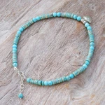 Silver beaded charm anklet, 'Oceanic Charm' - Reconstituted Turquoise Beaded Anklet with Silver Charm