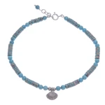 Silver beaded charm anklet, 'Oceanic Charm' - Reconstituted Turquoise Beaded Anklet with Silver Charm