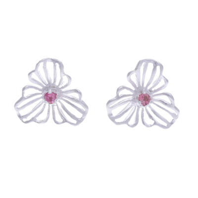 Tourmaline button earrings, 'Reconciliation Bloom' - Floral Sterling Silver Button Earrings with Tourmaline Gems