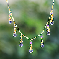 Gold-plated iolite and amethyst waterfall necklace, 'Ocean Chic' - 24k Gold-Plated Iolite and Amethyst Waterfall Necklace