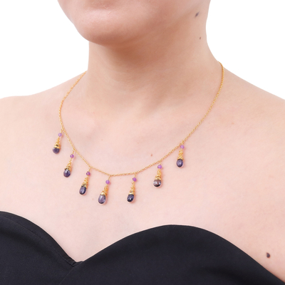 Gold-plated iolite and amethyst waterfall necklace, 'Ocean Chic' - 24k Gold-Plated Iolite and Amethyst Waterfall Necklace