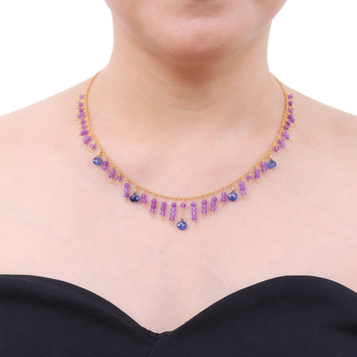 Gold-plated kyanite and amethyst waterfall necklace, 'Lilac Sweet' - 24k Gold-Plated Kyanite and Amethyst Waterfall Necklace
