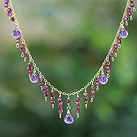 Gold-plated amethyst and garnet waterfall necklace, 'Stylish Rose'