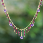 Gold-plated amethyst and garnet waterfall necklace, 'Stylish Rose' - 24k Gold-Plated Amethyst and Garnet Waterfall Necklace