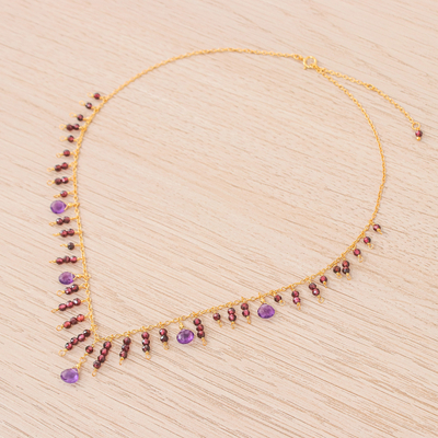 Gold-plated amethyst and garnet waterfall necklace, 'Stylish Rose' - 24k Gold-Plated Amethyst and Garnet Waterfall Necklace