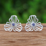 Iolite button earrings, 'Admiration Bloom' - Floral Openwork Sterling Silver Iolite Button Earrings