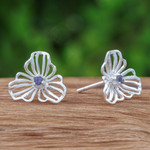 Iolite button earrings, 'Admiration Bloom' - Floral Openwork Sterling Silver Iolite Button Earrings