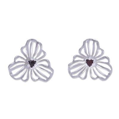 Garnet button earrings, 'Adoration Bloom' - Floral Openwork Sterling Silver Garnet Button Earrings