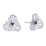 Garnet button earrings, 'Adoration Bloom' - Floral Openwork Sterling Silver Garnet Button Earrings