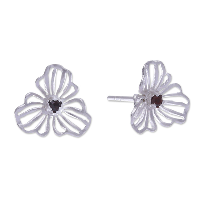 Granat-Ohrringe mit Knöpfen - Florale, durchbrochene Granatknopf-Ohrringe aus Sterlingsilber