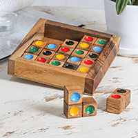 Wood game, 'Colorful Sudoku' - Sudoku-Inspired Raintree Wood Game with Colorful Pieces