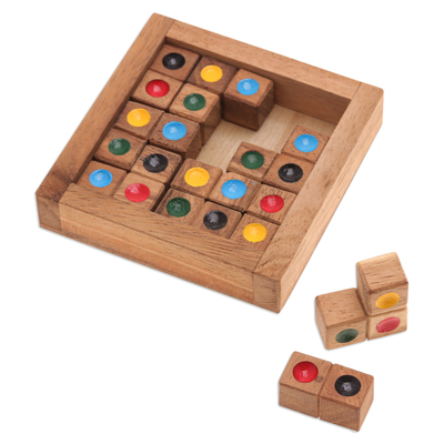 Wood game, 'Colorful Sudoku' - Sudoku-Inspired Raintree Wood Game with Colorful Pieces