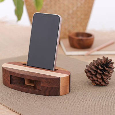 Altavoz de teléfono de madera - Altavoz para teléfono de madera de arce y teca marrón ovalada tallada a mano