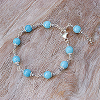 Hematite station bracelet, 'Blue Rosary' - Hematite and Glass Beaded Rosary Bracelet with Silver Cross
