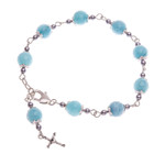 Hematite station bracelet, 'Blue Rosary' - Hematite and Glass Beaded Rosary Bracelet with Silver Cross