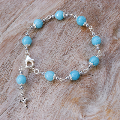 Hematite station bracelet, 'Blue Rosary' - Hematite and Glass Beaded Rosary Bracelet with Silver Cross