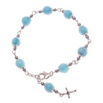 Hematite station bracelet, 'Blue Rosary' - Hematite and Glass Beaded Rosary Bracelet with Silver Cross