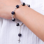 Hematite station bracelet, 'Blue Rosary' - Hematite and Glass Beaded Rosary Bracelet with Silver Cross
