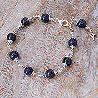 Quartz and hematite station bracelet, 'Black Rosary' - Quartz and Hematite Rosary Bracelet with 925 Silver Cross