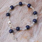 Quartz and hematite station bracelet, 'Black Rosary' - Quartz and Hematite Rosary Bracelet with 925 Silver Cross