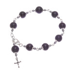Quartz and hematite station bracelet, 'Black Rosary' - Quartz and Hematite Rosary Bracelet with 925 Silver Cross