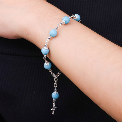 Quartz and hematite station bracelet, 'Black Rosary' - Quartz and Hematite Rosary Bracelet with 925 Silver Cross