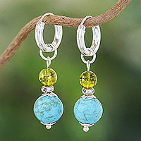 Reconstituted turquoise and quartz hoop earrings, 'Chic Duo' - Silver Hoop Earrings with Reconstituted Turquoise & Quartz