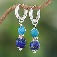Lapis lazuli and reconstituted turquoise hoop earrings, 'Fab Duo' - Silver Lapis Lazuli & Reconstituted Turquoise Hoop Earrings