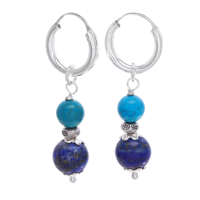 Lapis lazuli and reconstituted turquoise hoop earrings, 'Fab Duo' - Silver Lapis Lazuli & Reconstituted Turquoise Hoop Earrings
