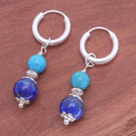 Lapis lazuli and reconstituted turquoise hoop earrings, 'Fab Duo' - Silver Lapis Lazuli & Reconstituted Turquoise Hoop Earrings