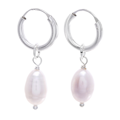 Cultured pearl hoop earrings, 'Pure Splendor' - Polished Sterling Silver Hoop Earrings with Cultured Pearls