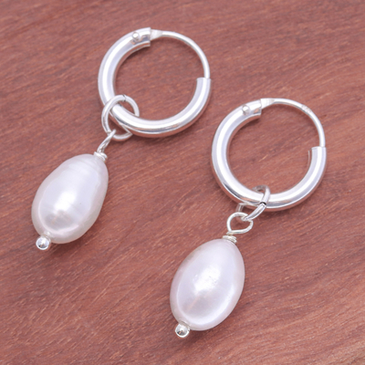 Cultured pearl hoop earrings, 'Pure Splendor' - Polished Sterling Silver Hoop Earrings with Cultured Pearls