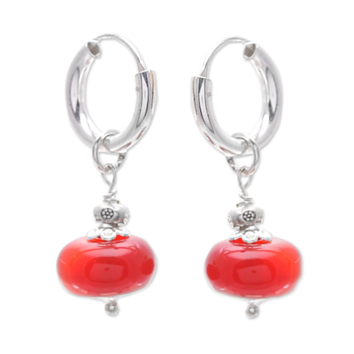 Carnelian hoop dangle earrings, 'Pure Fire' - Polished Sterling Silver and Carnelian Hoop Dangle Earrings