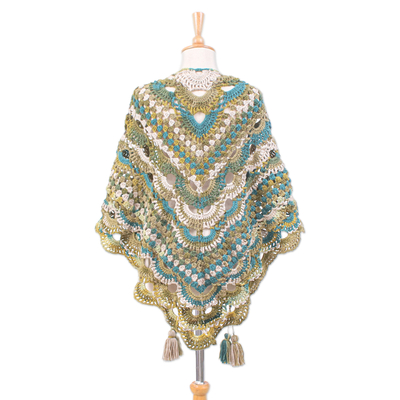 Crocheted capelet, 'Oceanic Spirit' - Handcrafted Turquoise and Green Crocheted Acrylic Capelet