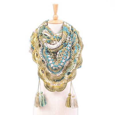 Crocheted capelet, 'Oceanic Spirit' - Handcrafted Turquoise and Green Crocheted Acrylic Capelet