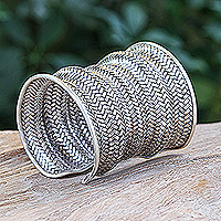 Sterling silver cuff bracelet, 'Manor Memories' - Sterling Silver Long Cuff Bracelet with Basketweave Pattern