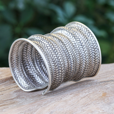 Brazalete de plata esterlina - Brazalete largo de plata de ley con diseño de tejido de cesta