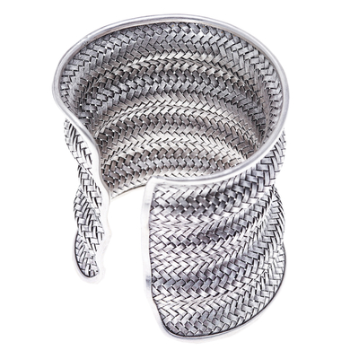 Brazalete de plata esterlina - Brazalete largo de plata de ley con diseño de tejido de cesta