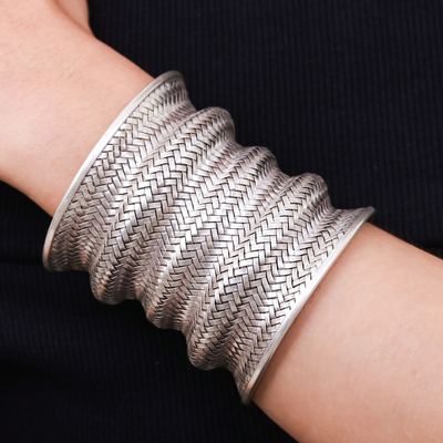 Sterling silver cuff bracelet, 'Manor Memories' - Sterling Silver Long Cuff Bracelet with Basketweave Pattern