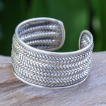 Silver cuff bracelet, 'Mansion Memories' - Silver Cuff Bracelet with Basketweave Pattern from Thailand