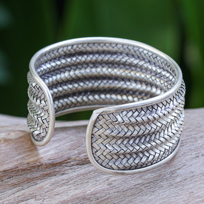 Silver cuff bracelet, 'Mansion Memories' - Silver Cuff Bracelet with Basketweave Pattern from Thailand