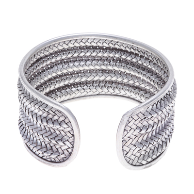 Silver cuff bracelet, 'Mansion Memories' - Silver Cuff Bracelet with Basketweave Pattern from Thailand